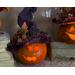 This image shows a Halloween witch decoration. It is made from a real dried gourd. Her carved face is lit up with a batter-operated candle.